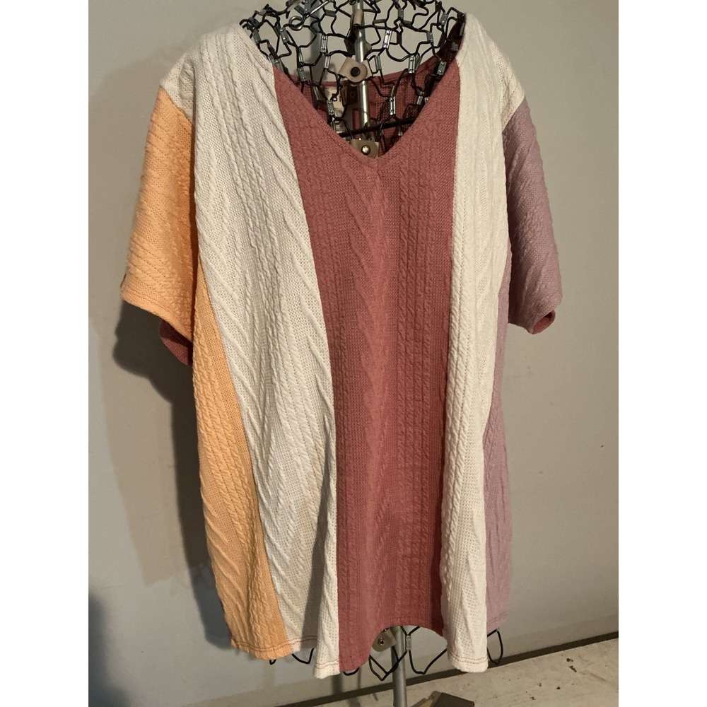 BiBi Colorblock Cable Knit V-Neck Top Short Sleeve Mauve Cream Peach Medium